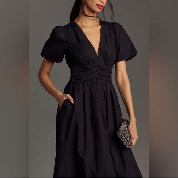 NWOT Anthropologie Katerina Button-Front Midi Dress Black - Picture 2 of 8